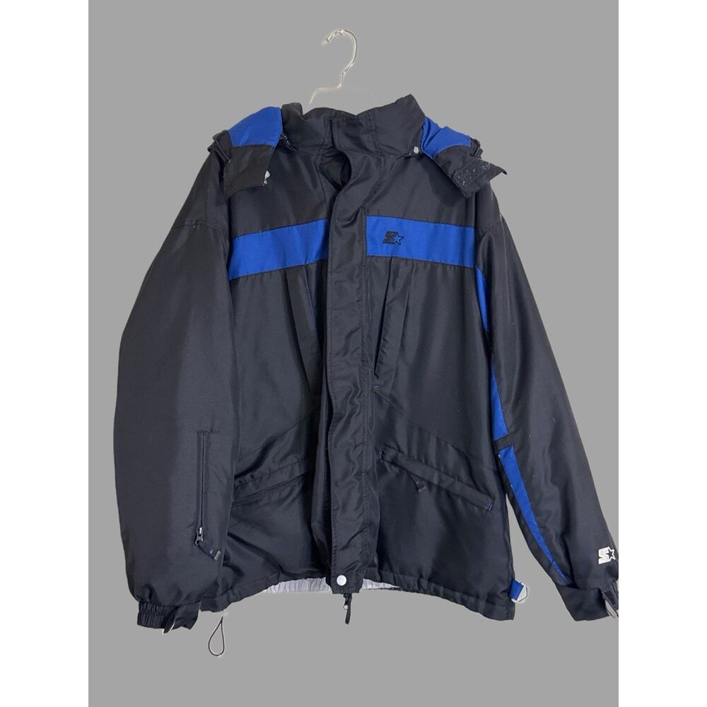 Vintage‎ Mens Starter Down Jacket XL Blue Black Puffer Hooded Coat READ DETAILS